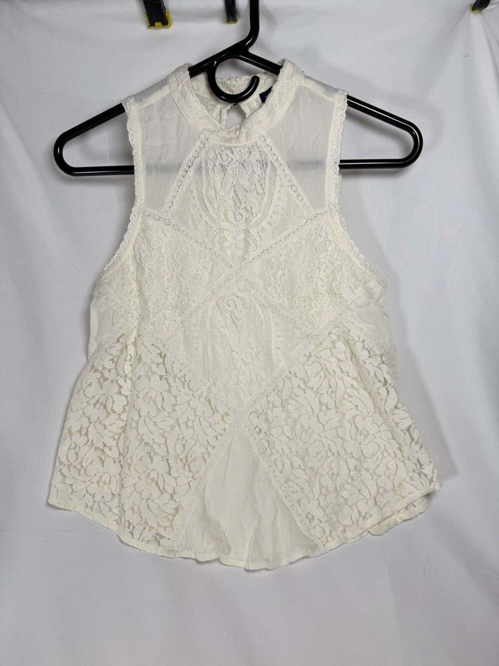 Cottagecore Whimsical Romantic American Eagle Outfitters White Lace High Neck Ta